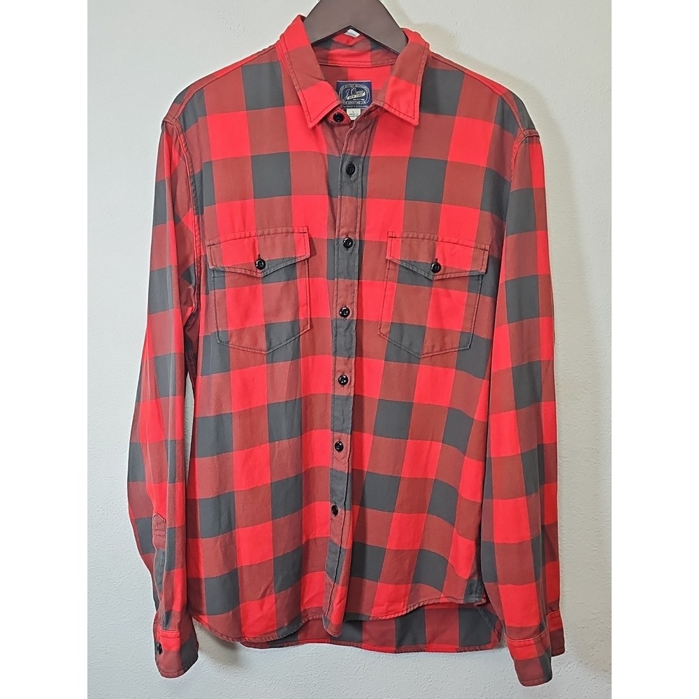 J‎ Crew Shirt Men's Large Red Black Plaid Button Up Slim Pocket Outdoors Casual